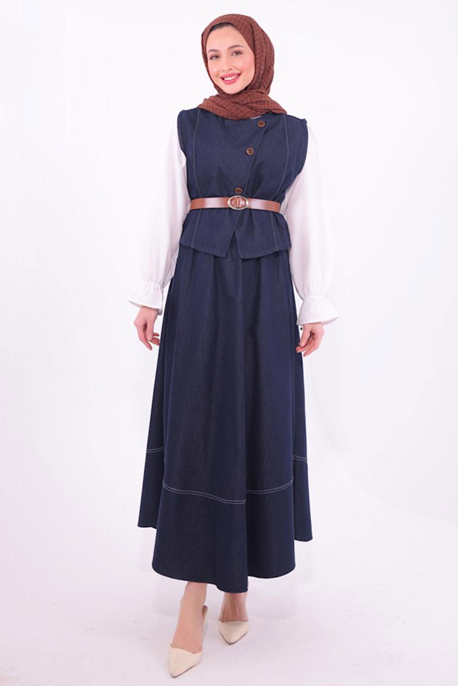 Tesettür giyim LACİVERT YELEKLİ ETEKLİ DENİM TAKIM T 2284