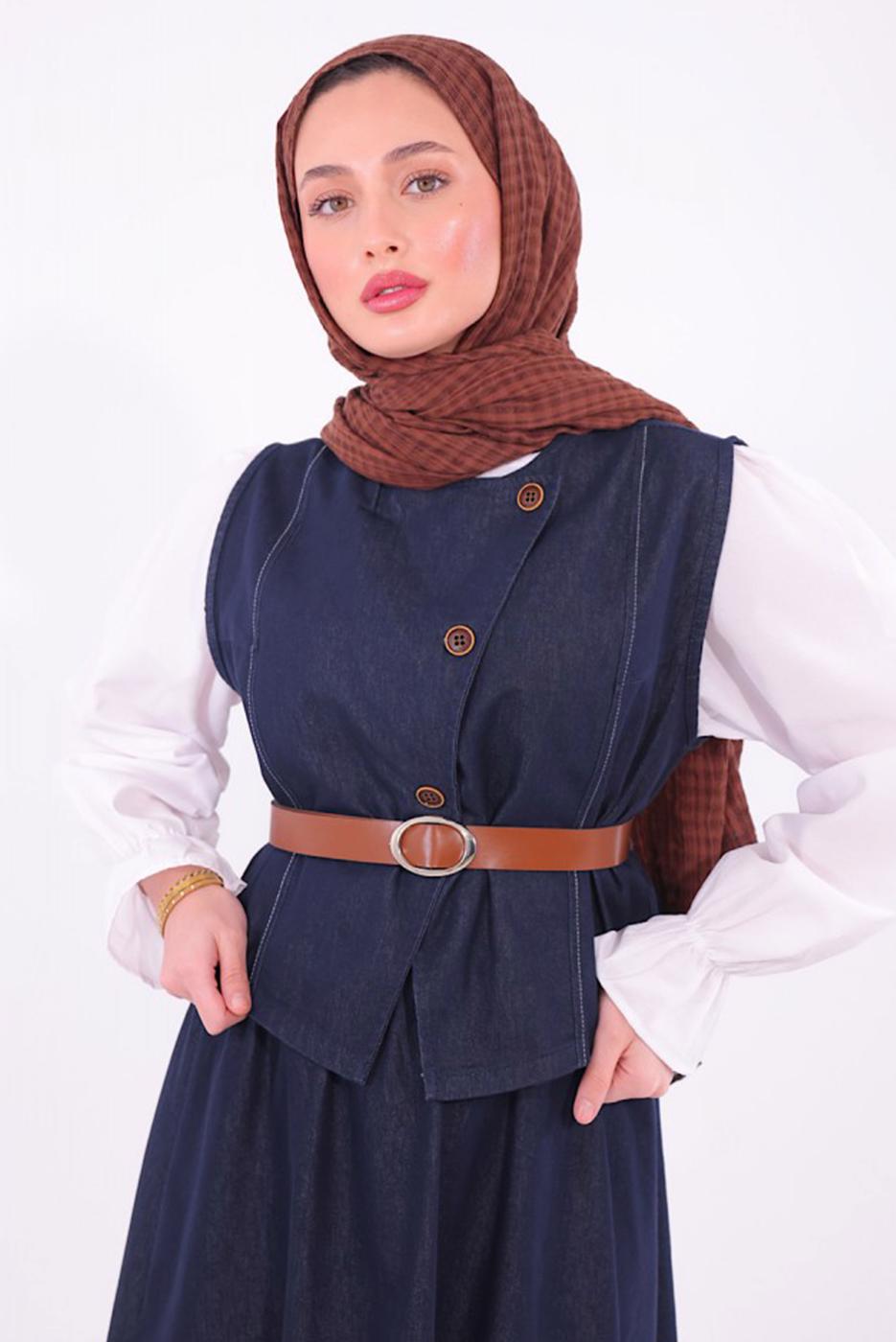 Tesettür giyim LACİVERT YELEKLİ ETEKLİ DENİM TAKIM T 2284