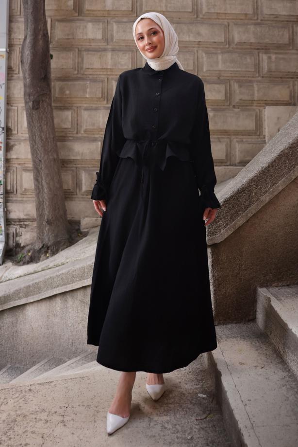 Tesettür giyim SİYAH BAĞCIK DETAYLI ETEKLİ TAKIM T 3294 - TRENDTESETTÜR