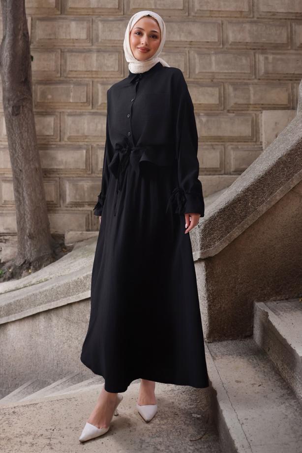 Tesettür giyim SİYAH BAĞCIK DETAYLI ETEKLİ TAKIM T 3294 - TRENDTESETTÜR