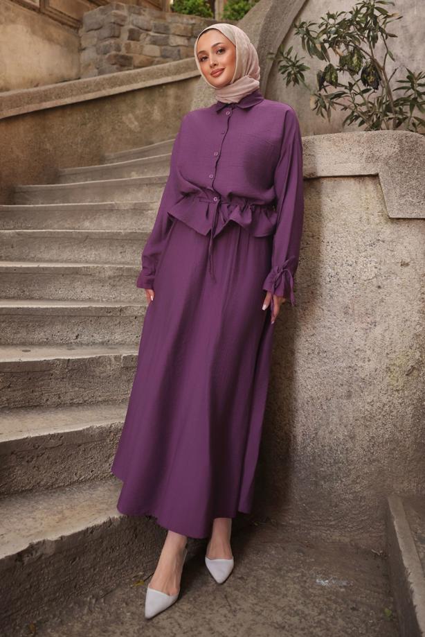 Tesettür giyim MOR BAĞCIK DETAYLI ETEKLİ TAKIM T 3294 - TRENDTESETTÜR