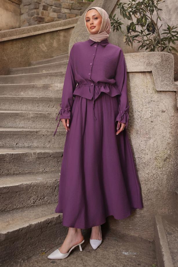 Tesettür giyim MOR BAĞCIK DETAYLI ETEKLİ TAKIM T 3294 - TRENDTESETTÜR