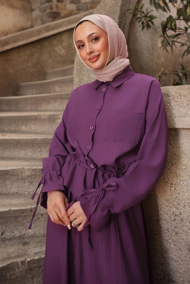 Tesettür giyim MOR BAĞCIK DETAYLI ETEKLİ TAKIM T 3294 - TRENDTESETTÜR