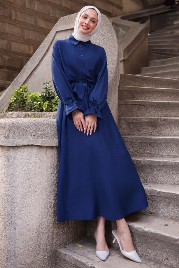 Tesettür giyim LACİVERT BAĞCIK DETAYLI ETEKLİ TAKIM T 3294 - TRENDTESETTÜR