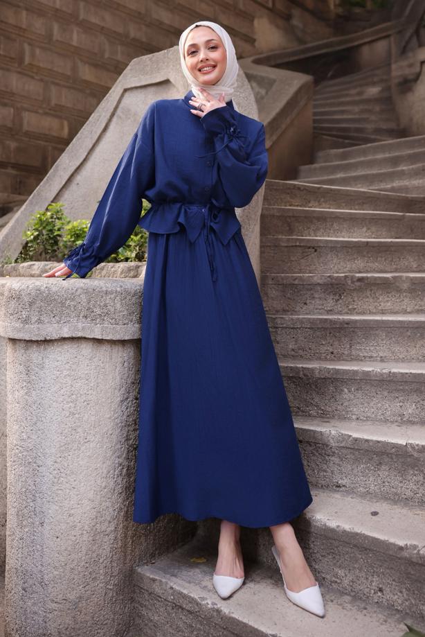 Tesettür giyim LACİVERT BAĞCIK DETAYLI ETEKLİ TAKIM T 3294 - TRENDTESETTÜR
