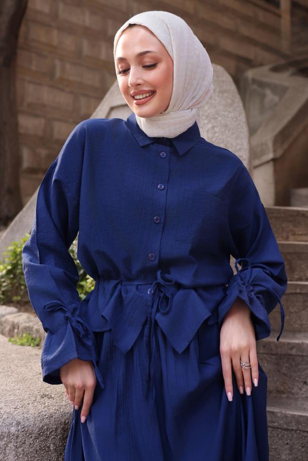 Tesettür giyim LACİVERT BAĞCIK DETAYLI ETEKLİ TAKIM T 3294 - TRENDTESETTÜR
