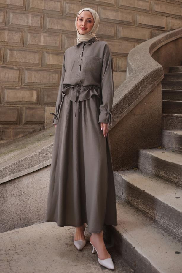Tesettür giyim VİZON BAĞCIK DETAYLI ETEKLİ TAKIM T 3294 - TRENDTESETTÜR