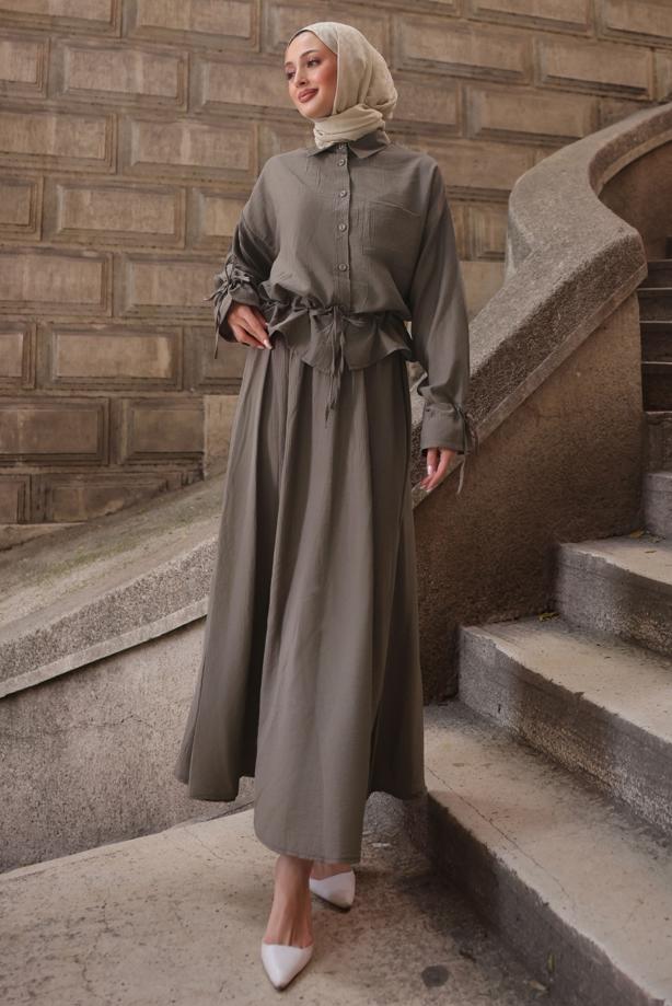 Tesettür giyim VİZON BAĞCIK DETAYLI ETEKLİ TAKIM T 3294 - TRENDTESETTÜR