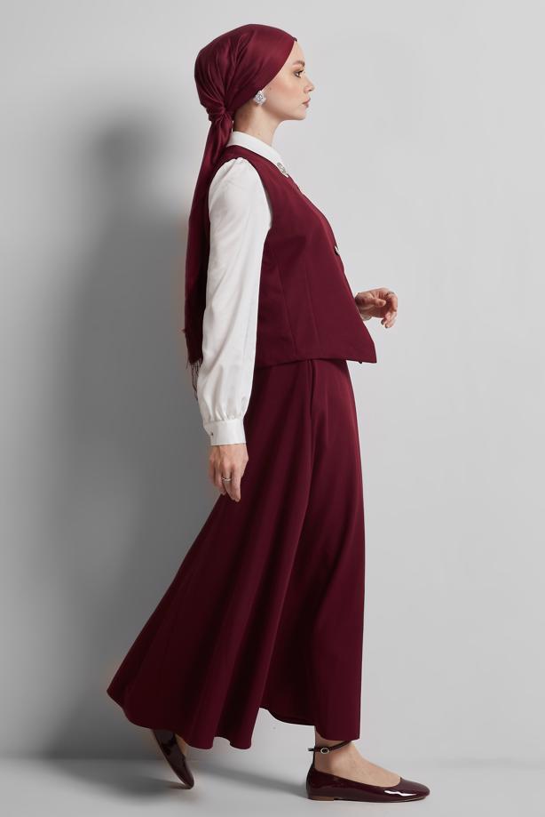 Tesettür giyim BORDO YELEKLİ ETEKLİ TAKIM T 3340 - TRENDTESETTÜR