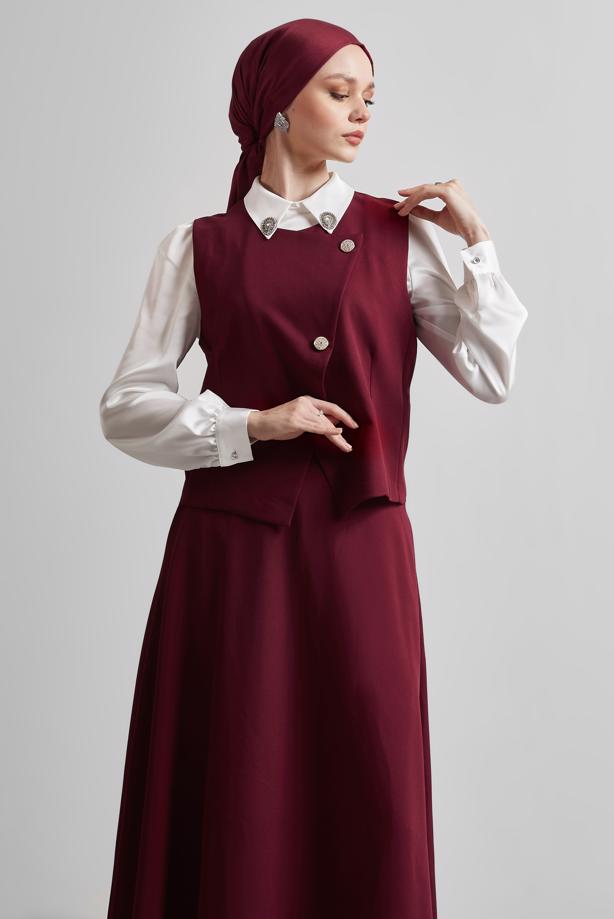 Tesettür giyim BORDO YELEKLİ ETEKLİ TAKIM T 3340 - TRENDTESETTÜR