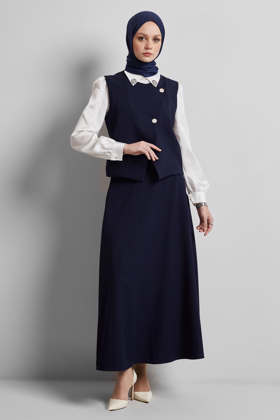 Tesettür giyim LACİVERT YELEKLİ ETEKLİ TAKIM T 3340