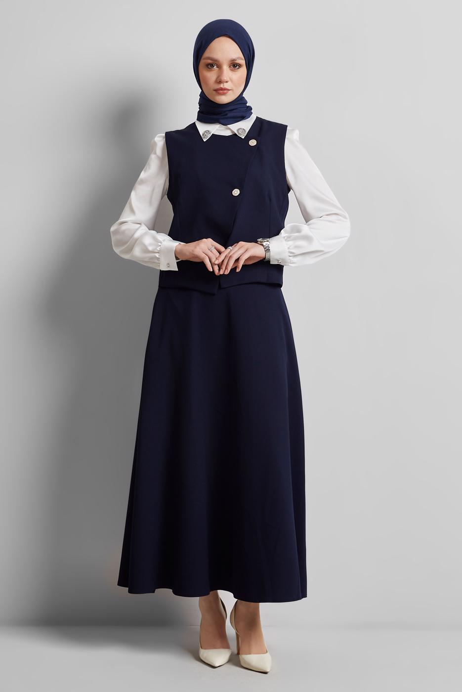 Tesettür giyim LACİVERT YELEKLİ ETEKLİ TAKIM T 3340