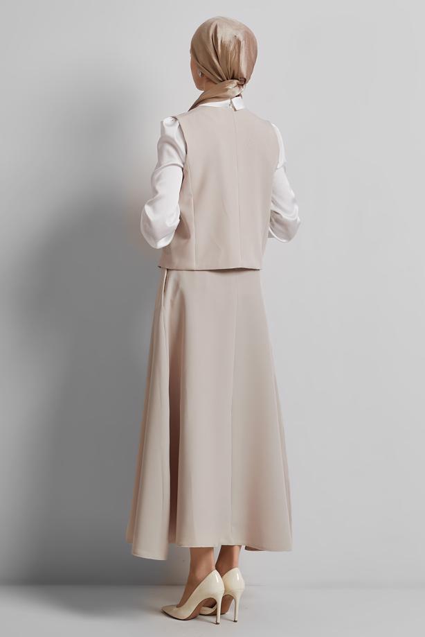 Tesettür giyim BEJ YELEKLİ ETEKLİ TAKIM T 3340 - TRENDTESETTÜR