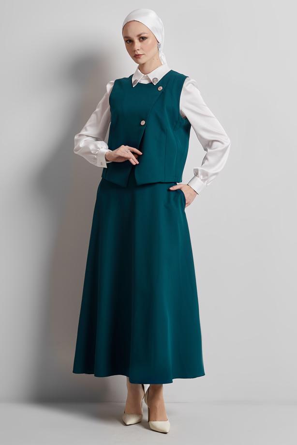 Tesettür giyim YEŞİL YELEKLİ ETEKLİ TAKIM T 3340 - TRENDTESETTÜR