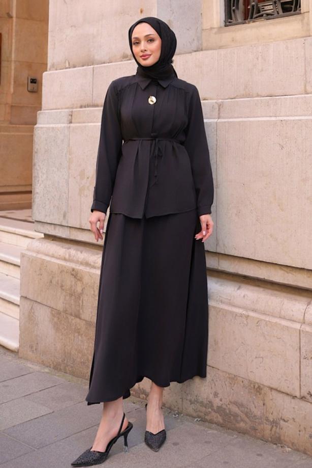 Tesettür giyim SİYAH BAĞCIKLI ETEKLİ TAKIM T 4194 - TRENDTESETTÜR