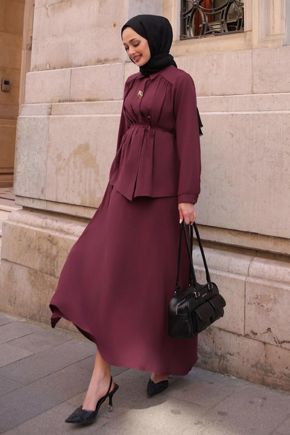 Hijab clothing CLARET RED TIED SKIRTED SUIT T 4194