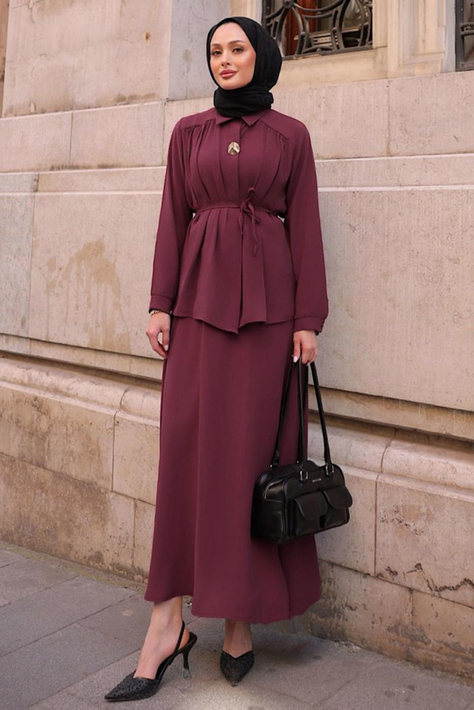Hijab clothing CLARET RED TIED SKIRTED SUIT T 4194