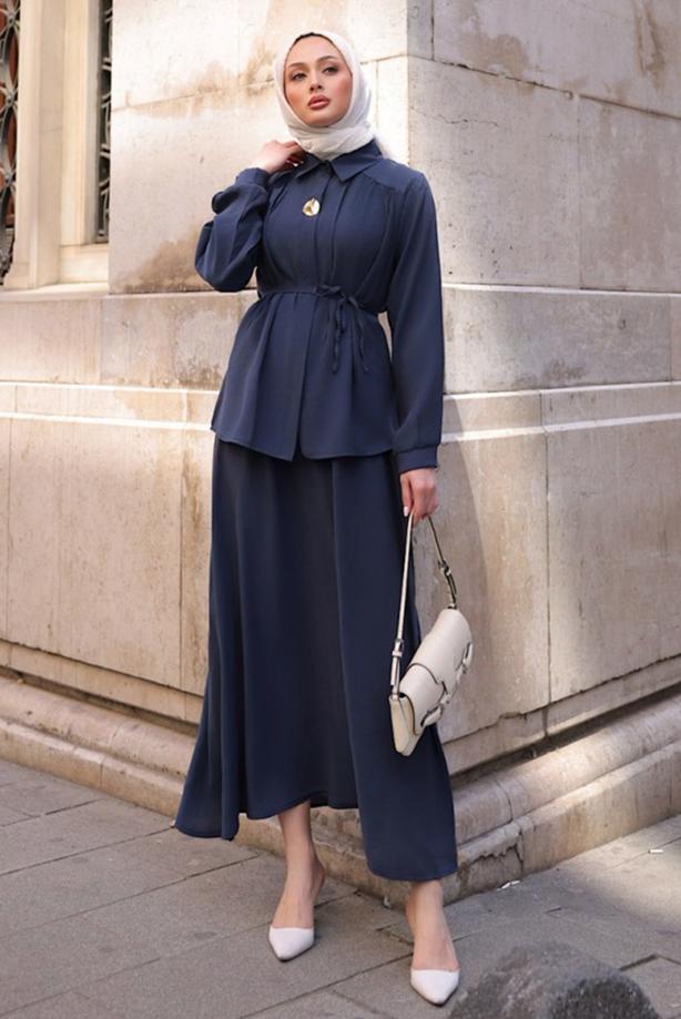 Tesettür giyim LACİVERT BAĞCIKLI ETEKLİ TAKIM T 4194 - TRENDTESETTÜR