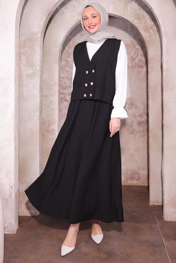 Vêtements hijab NOIR COSTUME TROIS PIÈCES À JUPE T 6084 - TRENDTESETTÜR