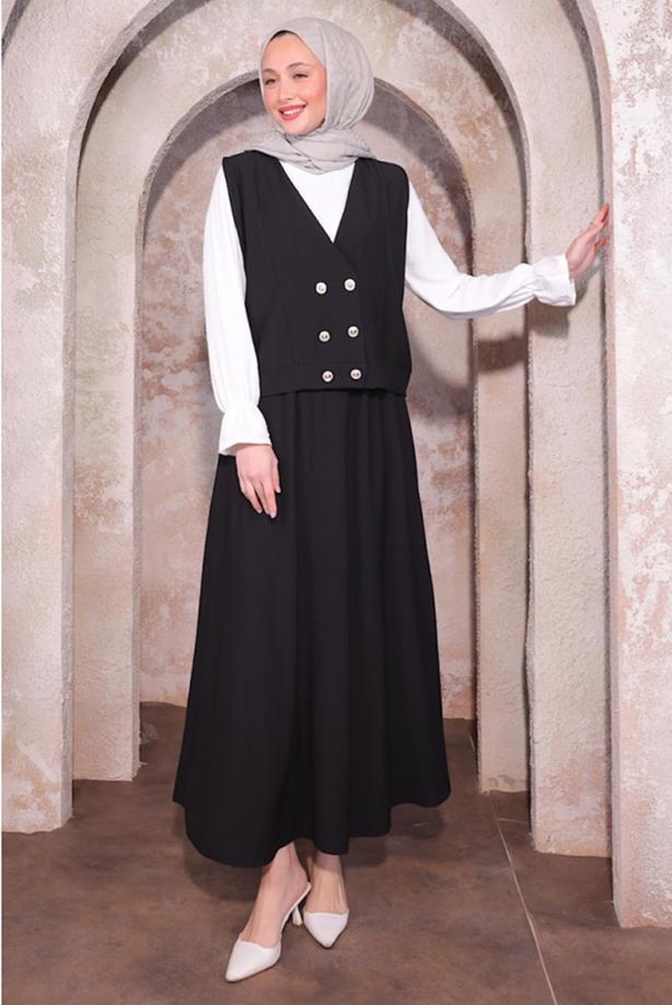 Vêtements hijab NOIR COSTUME TROIS PIÈCES À JUPE T 6084 - TRENDTESETTÜR