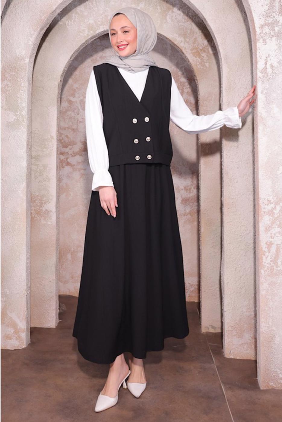 Tesettür giyim SİYAH YELEKLİ ÜÇLÜ ETEKLİ TAKIM T 6084