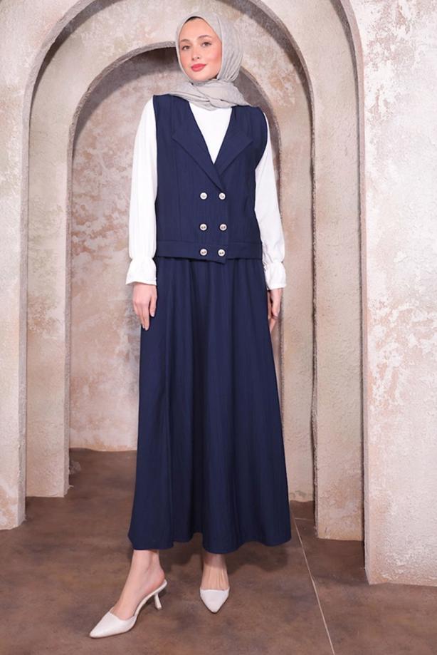 Tesettür giyim LACİVERT YELEKLİ ÜÇLÜ ETEKLİ TAKIM T 6084 - TRENDTESETTÜR