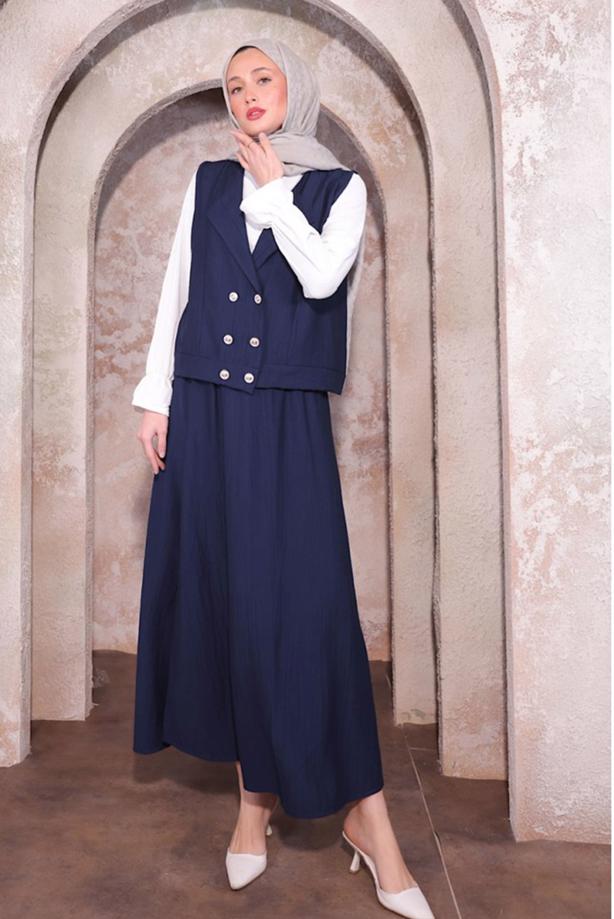 Tesettür giyim LACİVERT YELEKLİ ÜÇLÜ ETEKLİ TAKIM T 6084 - TRENDTESETTÜR