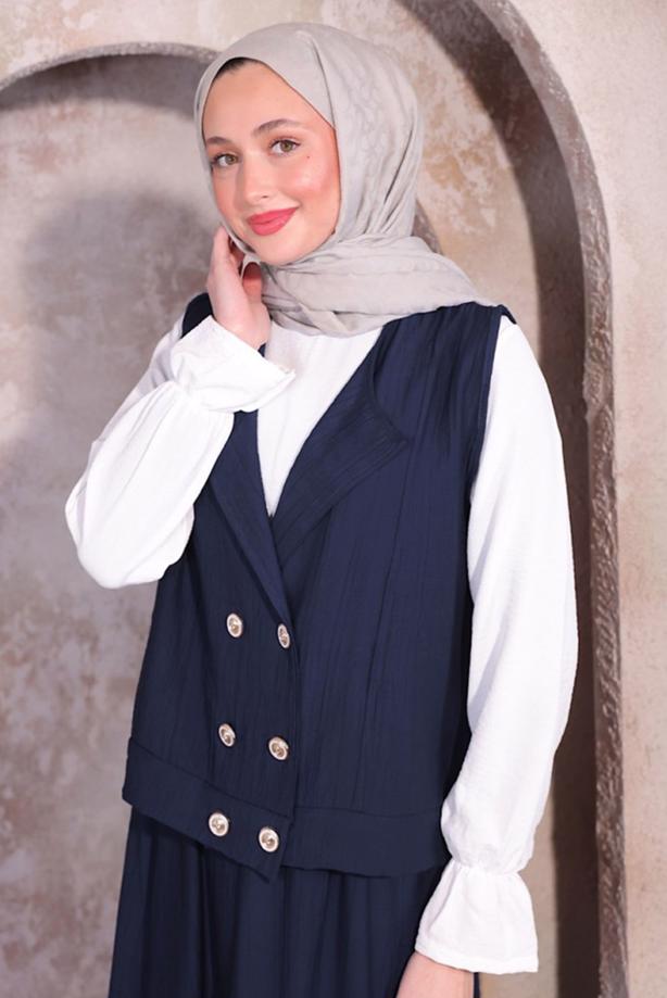 Tesettür giyim LACİVERT YELEKLİ ÜÇLÜ ETEKLİ TAKIM T 6084 - TRENDTESETTÜR