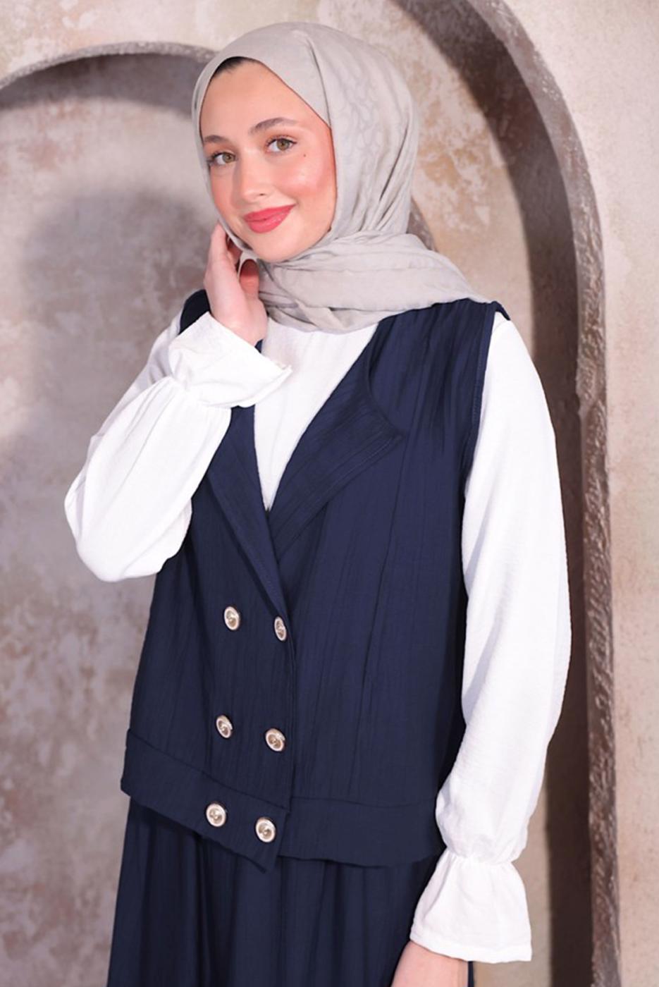 Tesettür giyim LACİVERT YELEKLİ ÜÇLÜ ETEKLİ TAKIM T 6084