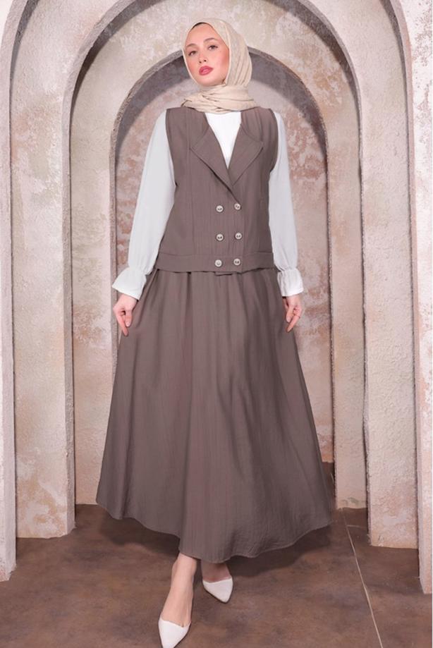 Tesettür giyim VİZON YELEKLİ ÜÇLÜ ETEKLİ TAKIM T 6084 - TRENDTESETTÜR