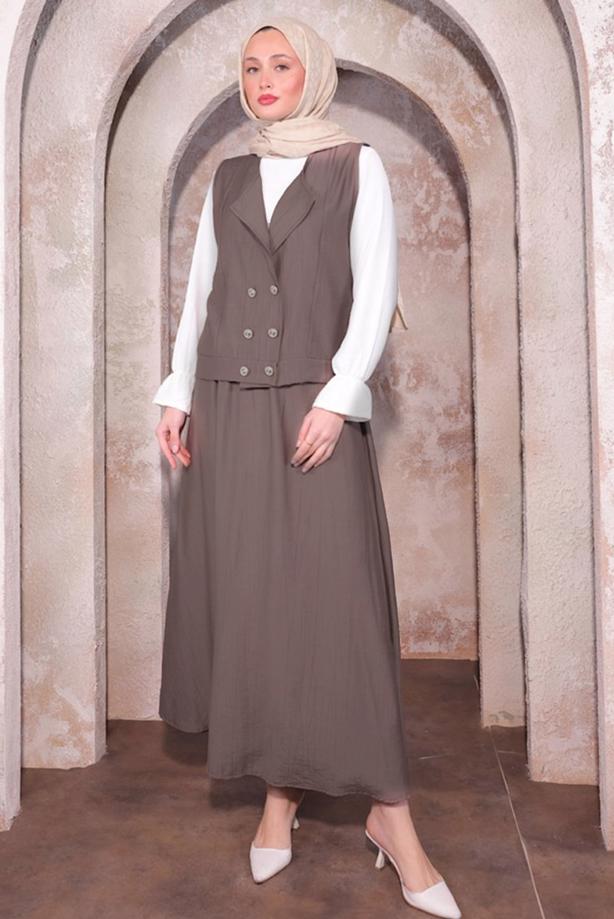 Tesettür giyim VİZON YELEKLİ ÜÇLÜ ETEKLİ TAKIM T 6084 - TRENDTESETTÜR