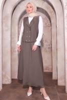 Tesettür giyim VİZON YELEKLİ ÜÇLÜ ETEKLİ TAKIM T 6084