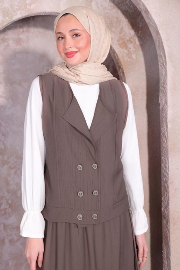 Tesettür giyim VİZON YELEKLİ ÜÇLÜ ETEKLİ TAKIM T 6084 - TRENDTESETTÜR