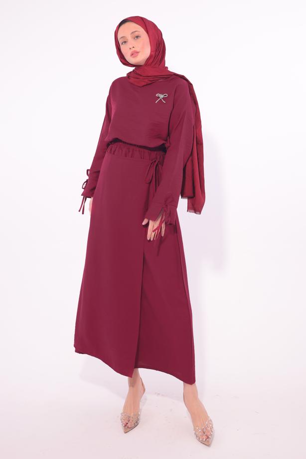Tesettür giyim BORDO BROŞLU ETEKLİ TAKIM T 7974 - TRENDTESETTÜR