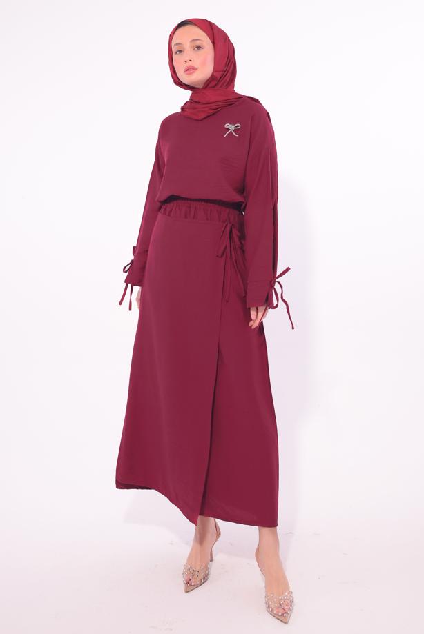 Tesettür giyim BORDO BROŞLU ETEKLİ TAKIM T 7974 - TRENDTESETTÜR