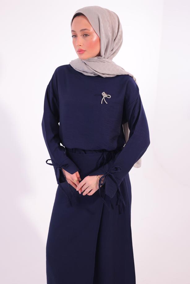 Tesettür giyim LACİVERT BROŞLU ETEKLİ TAKIM T 7974 - TRENDTESETTÜR