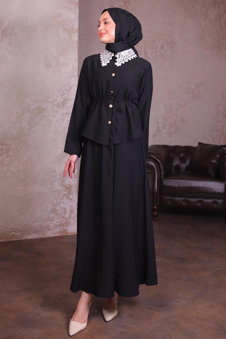 Vêtements hijab NOIR COSTUME À JUPE AVEC DÉTAILS EN DENTELLE T 7984