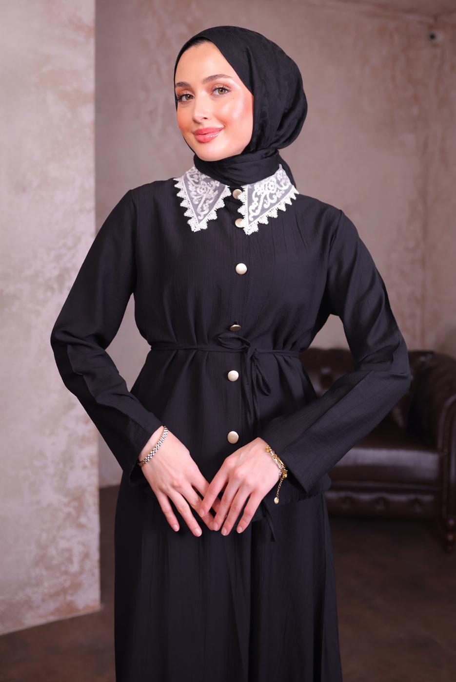 Vêtements hijab NOIR COSTUME À JUPE AVEC DÉTAILS EN DENTELLE T 7984