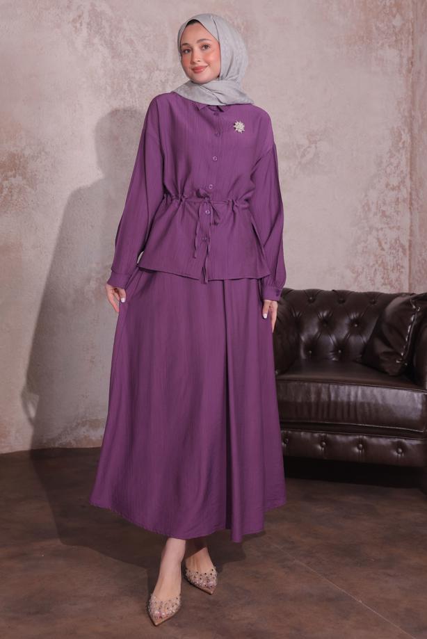 Tesettür giyim MOR BROŞLU ETEKLİ TAKIM T 9274	 - TRENDTESETTÜR
