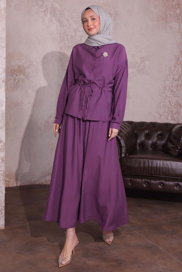 Tesettür giyim MOR BROŞLU ETEKLİ TAKIM T 9274	 - TRENDTESETTÜR