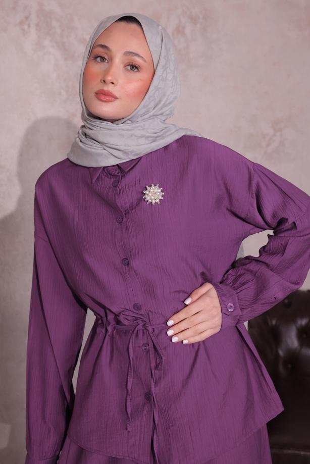 Tesettür giyim MOR BROŞLU ETEKLİ TAKIM T 9274	 - TRENDTESETTÜR