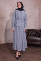 Tesettür giyim GRİ BROŞLU ETEKLİ TAKIM T 9274	