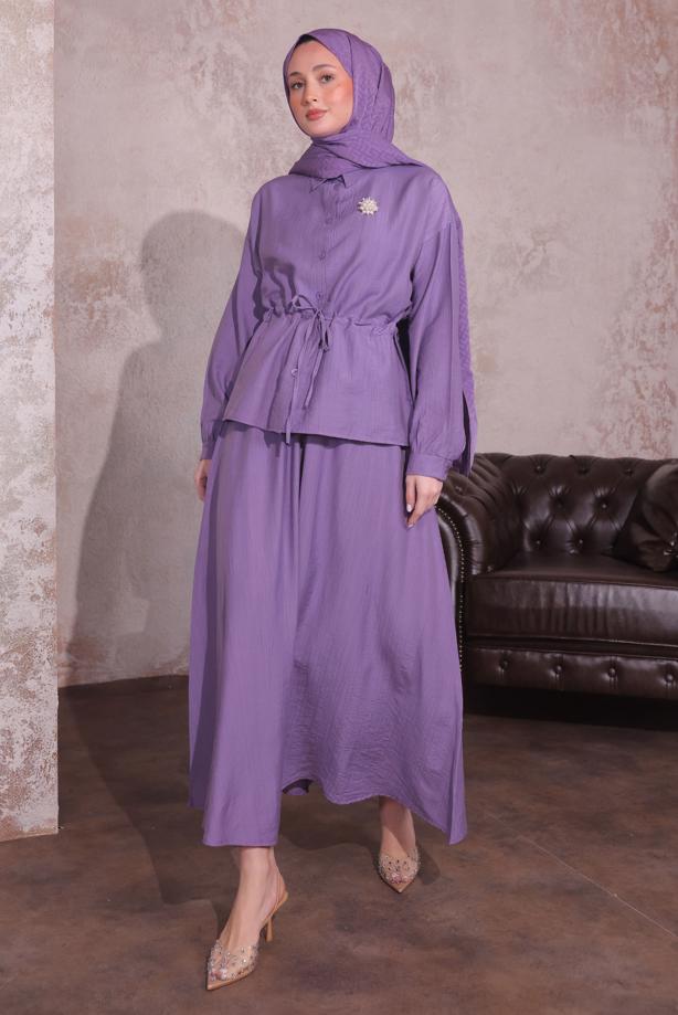 Tesettür giyim MOR BROŞLU ETEKLİ TAKIM T 9274	 - TRENDTESETTÜR