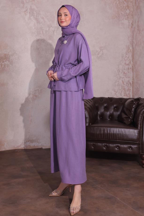 Tesettür giyim MOR BROŞLU ETEKLİ TAKIM T 9274	 - TRENDTESETTÜR