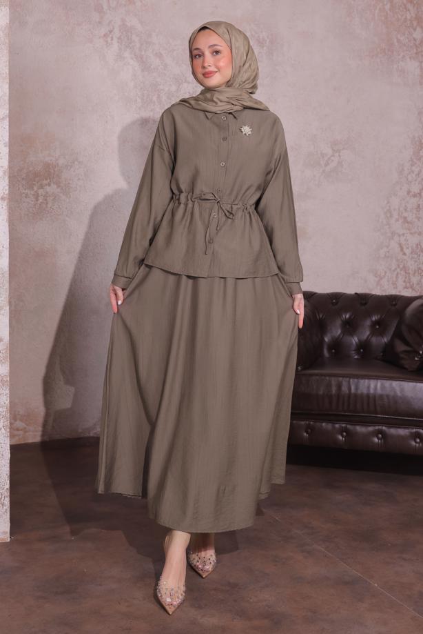 Tesettür giyim KAHVE BROŞLU ETEKLİ TAKIM T 9274	 - TRENDTESETTÜR