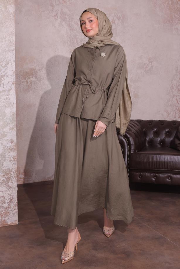 Tesettür giyim KAHVE BROŞLU ETEKLİ TAKIM T 9274	 - TRENDTESETTÜR