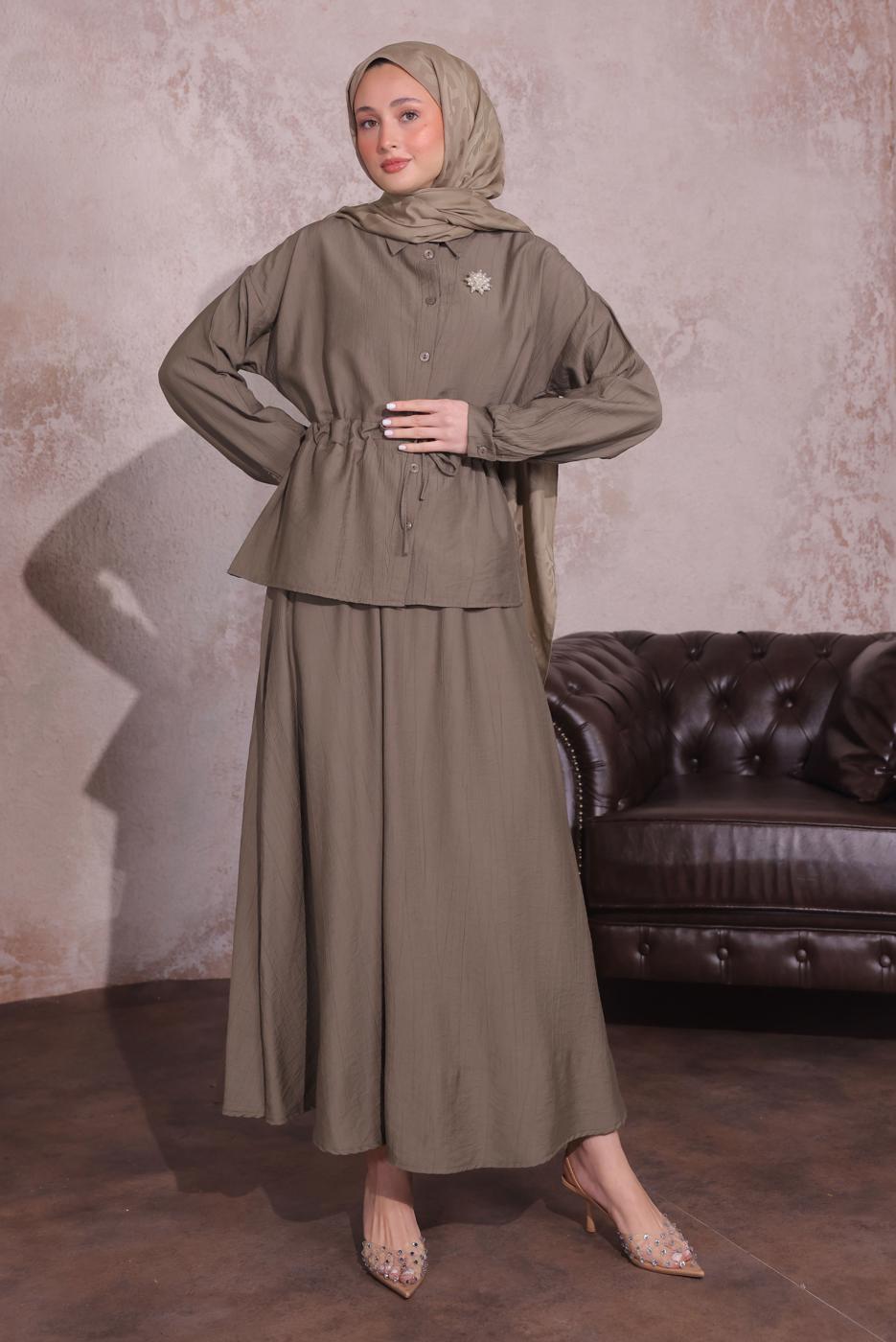 Tesettür giyim KAHVE BROŞLU ETEKLİ TAKIM T 9274	