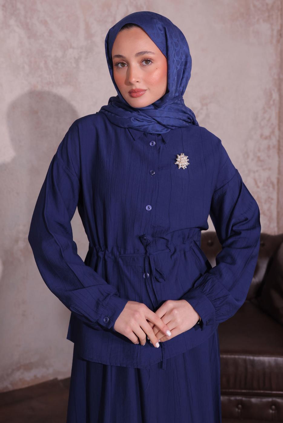 Tesettür giyim LACİVERT BROŞLU ETEKLİ TAKIM T 9274	