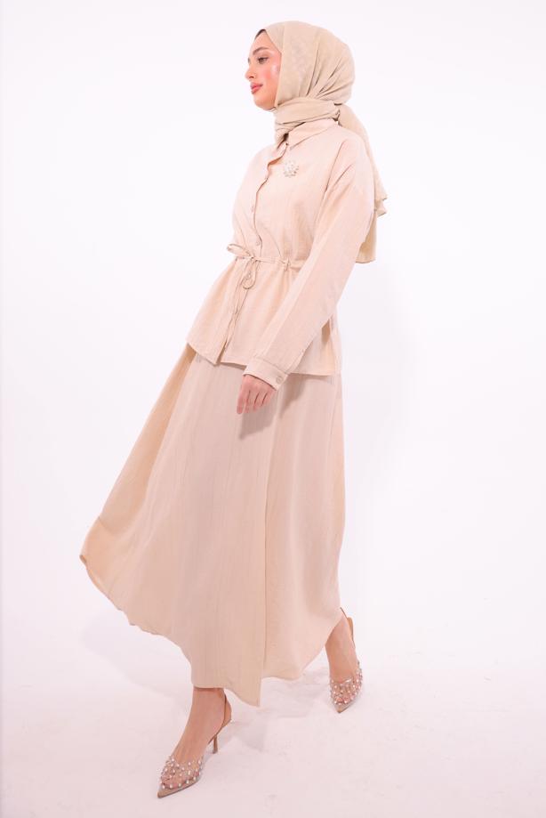 Tesettür giyim BEJ BROŞLU ETEKLİ TAKIM T 9274	 - TRENDTESETTÜR