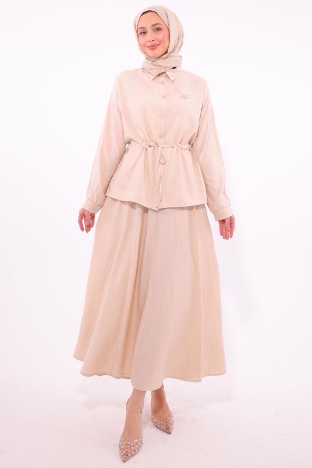 Tesettür giyim BEJ BROŞLU ETEKLİ TAKIM T 9274	 - TRENDTESETTÜR